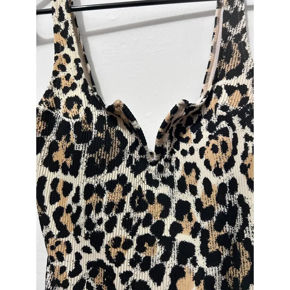 H&M Leopard Print Ribbed One-Piece Swimsuit Women's Small Textured Animal Print